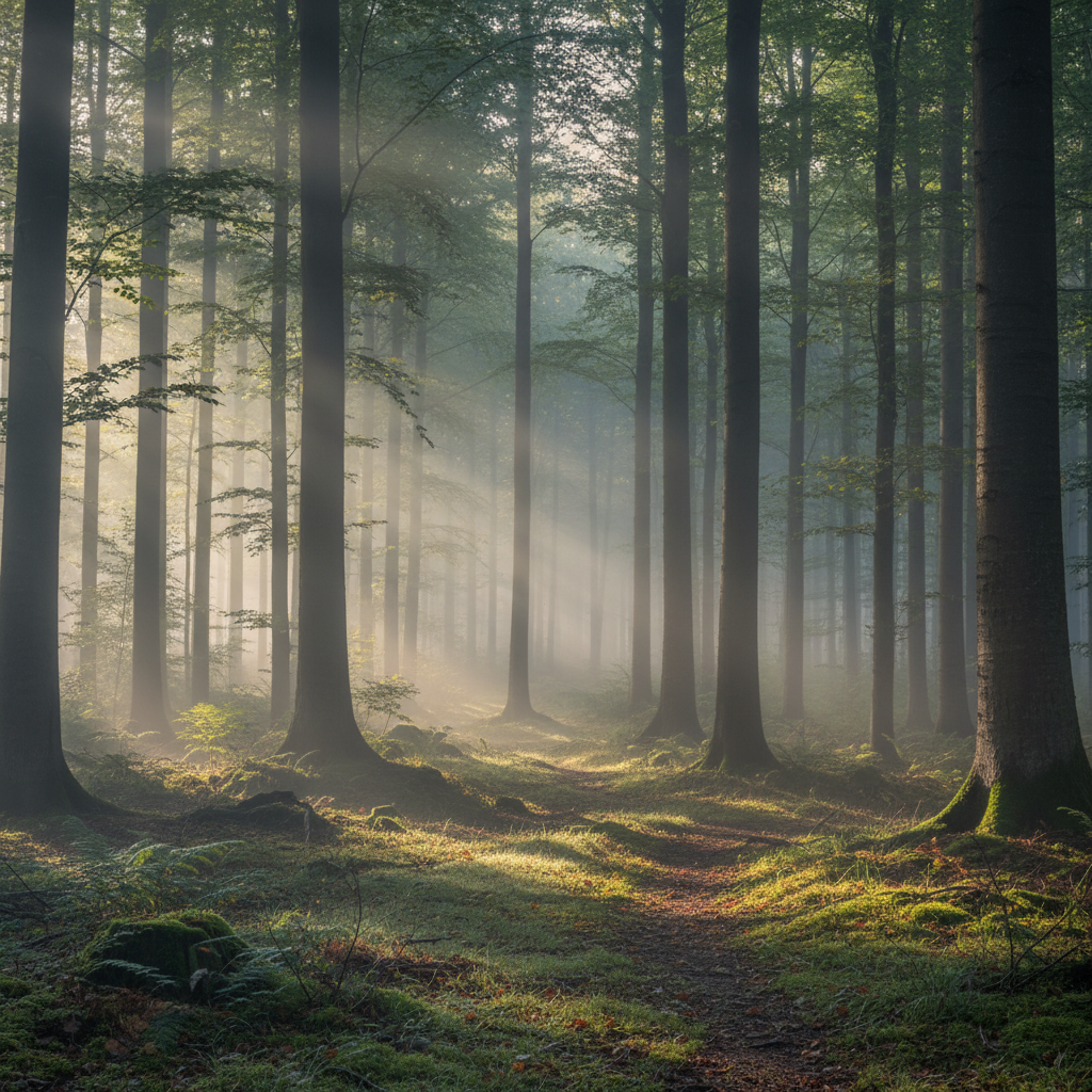Ruhige Waldszene im frühen Morgenlicht mit Nebelschwaden, die Tiefe und Stille symbolisiert